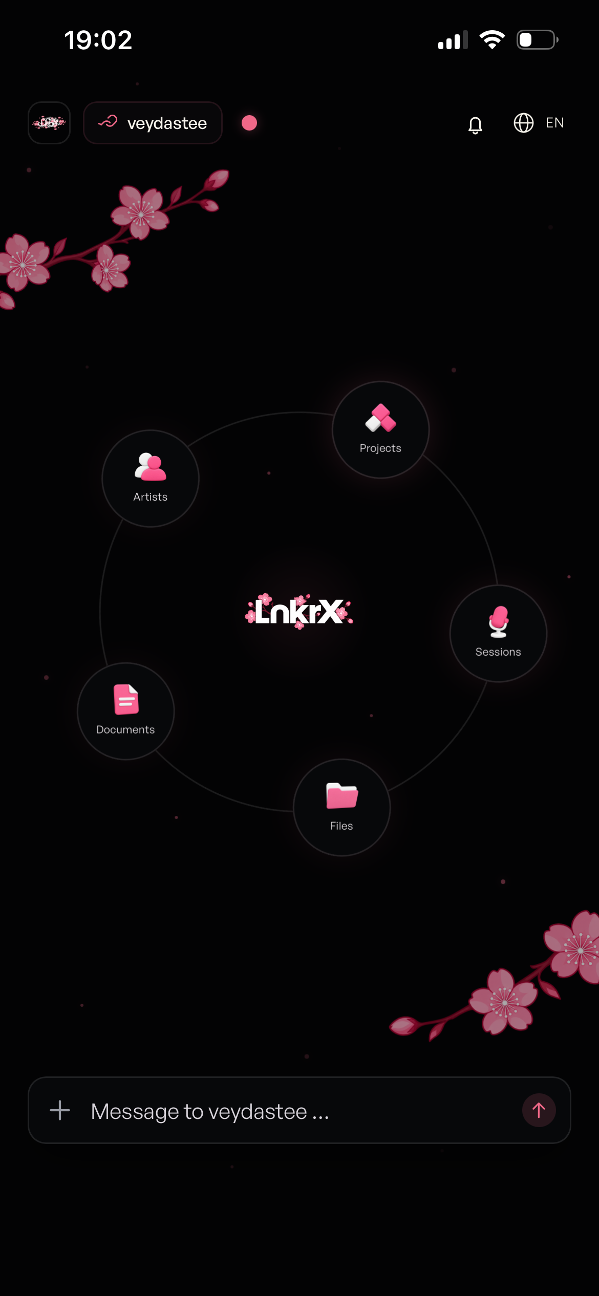 LnkrX home screen with the orbit navigation