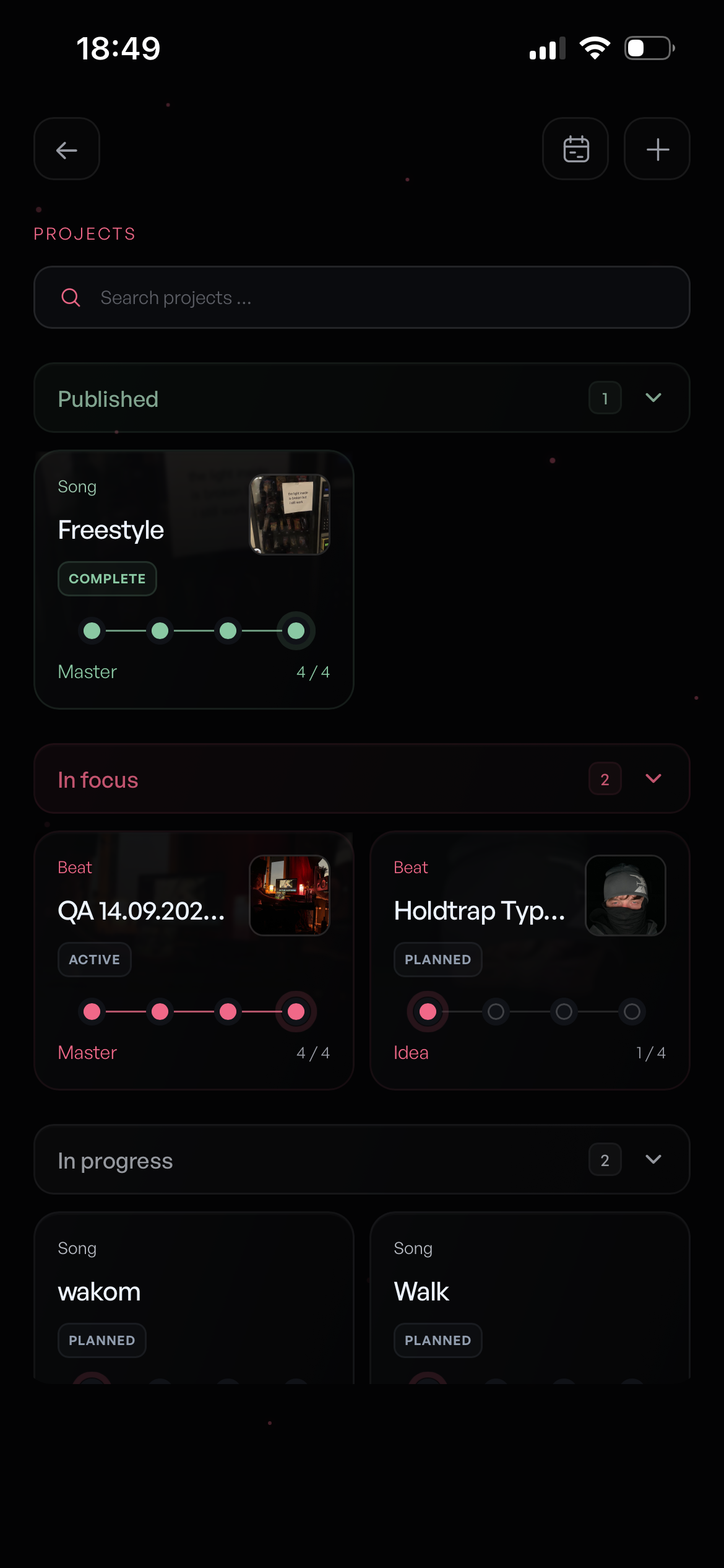 LnkrX project page with project cards and progress